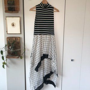 Bailey 44 Asymmetric Printed Stretch Jersey & Georgette Midi Dress Black & White
